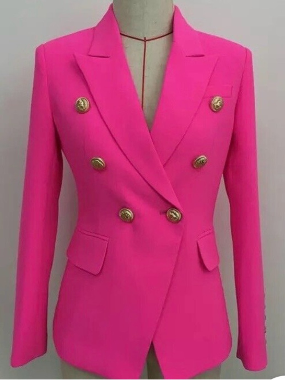 Theory Hot Pink Double-Breasted Blazer with Gold Buttons